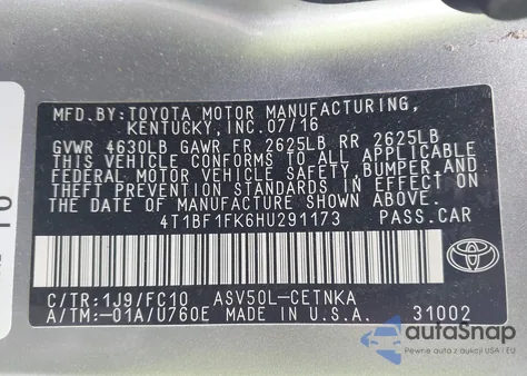 2017 Toyota Camry from USA, damaged, VIN 4T1BFK6HU291173